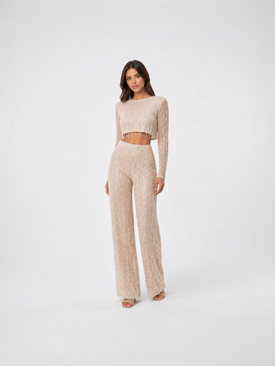 Ensemble Paillettes Crop Top Tenue Soirée Pantalon Large - 2