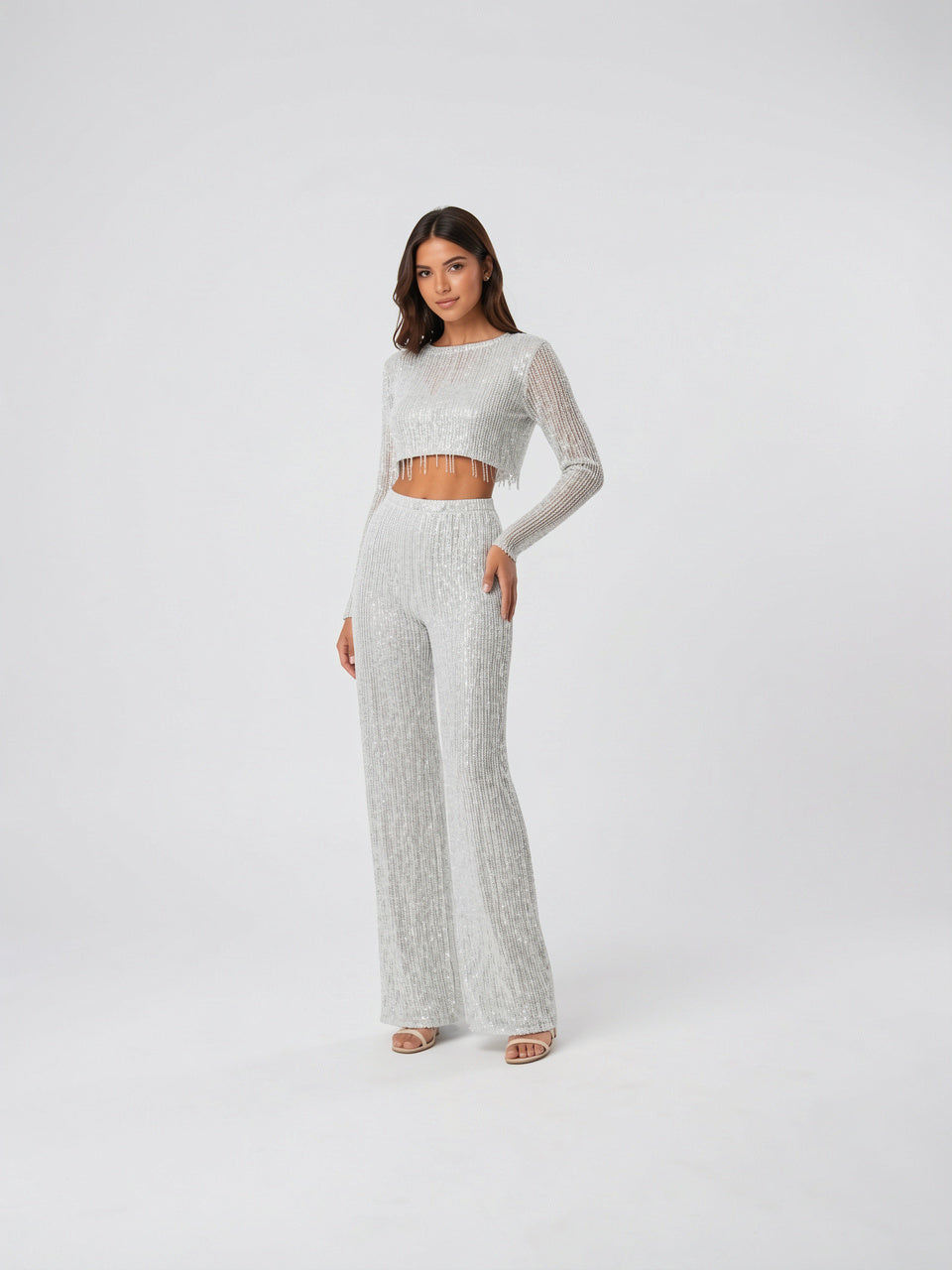 Ensemble Paillettes Crop Top Tenue Soirée Pantalon Large - 3