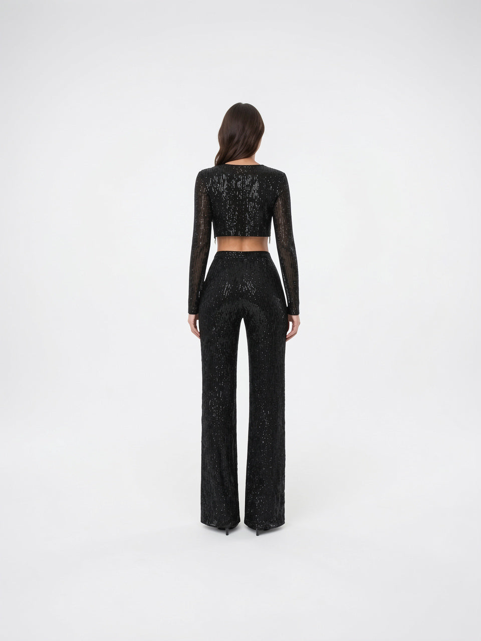 Ensemble Paillettes Crop Top Tenue Soirée Pantalon Large - 5