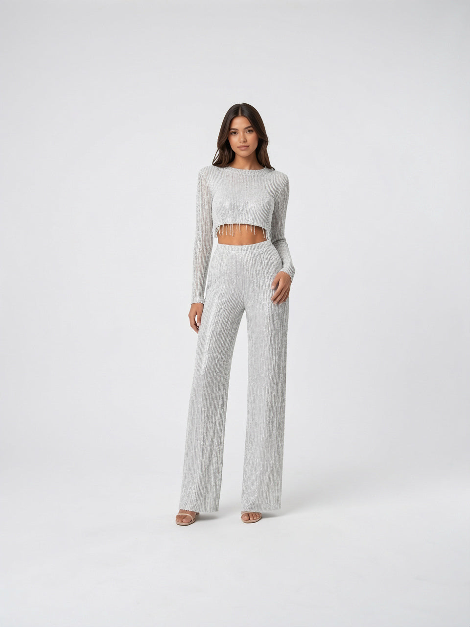 Ensemble Paillettes Crop Top Tenue Soirée Pantalon Large - Argent S