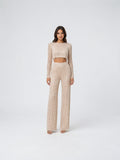 Ensemble Paillettes Crop Top Tenue Soirée Pantalon Large - Beige S