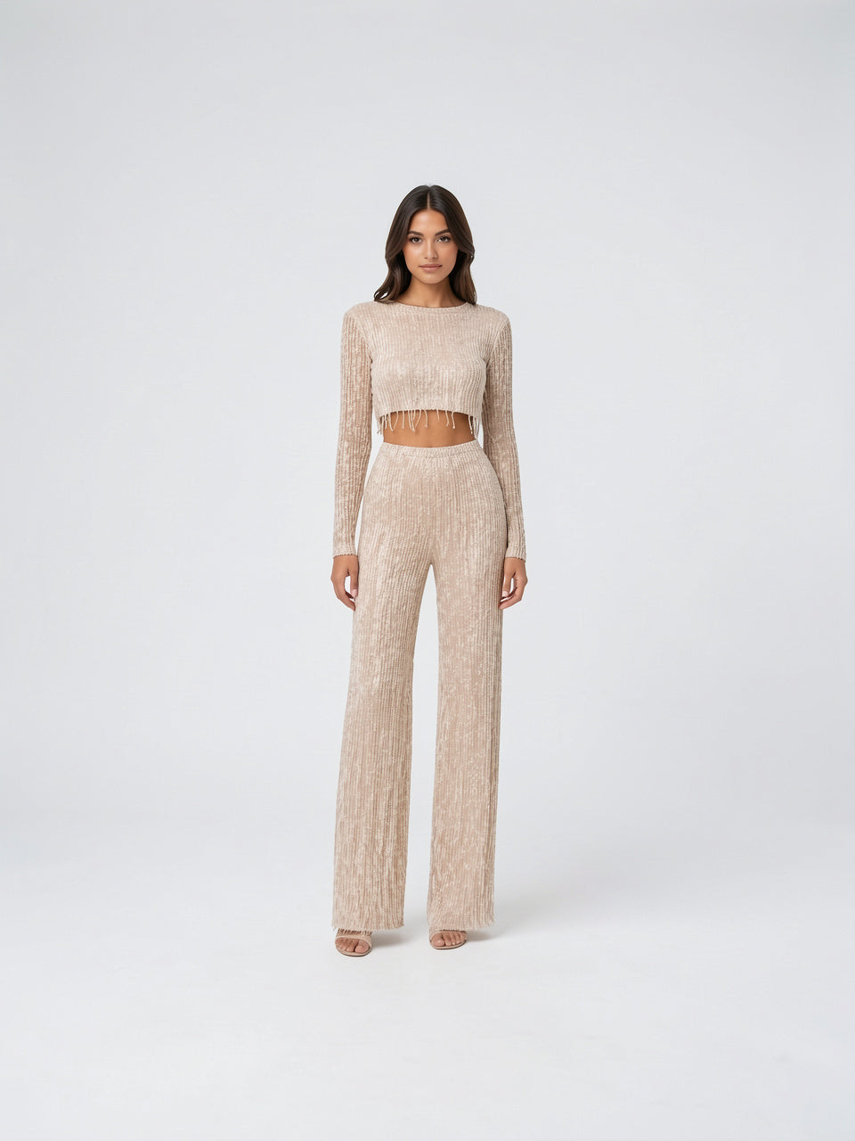 Ensemble Paillettes Crop Top Tenue Soirée Pantalon Large - Beige S