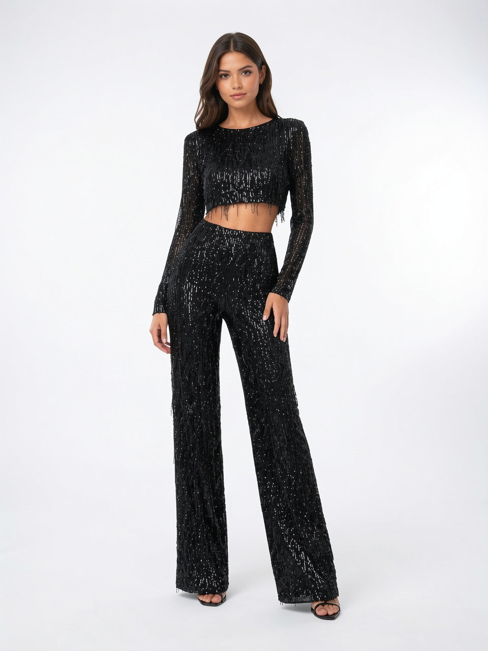 Ensemble Paillettes Crop Top Tenue Soirée Pantalon Large - Noir S
