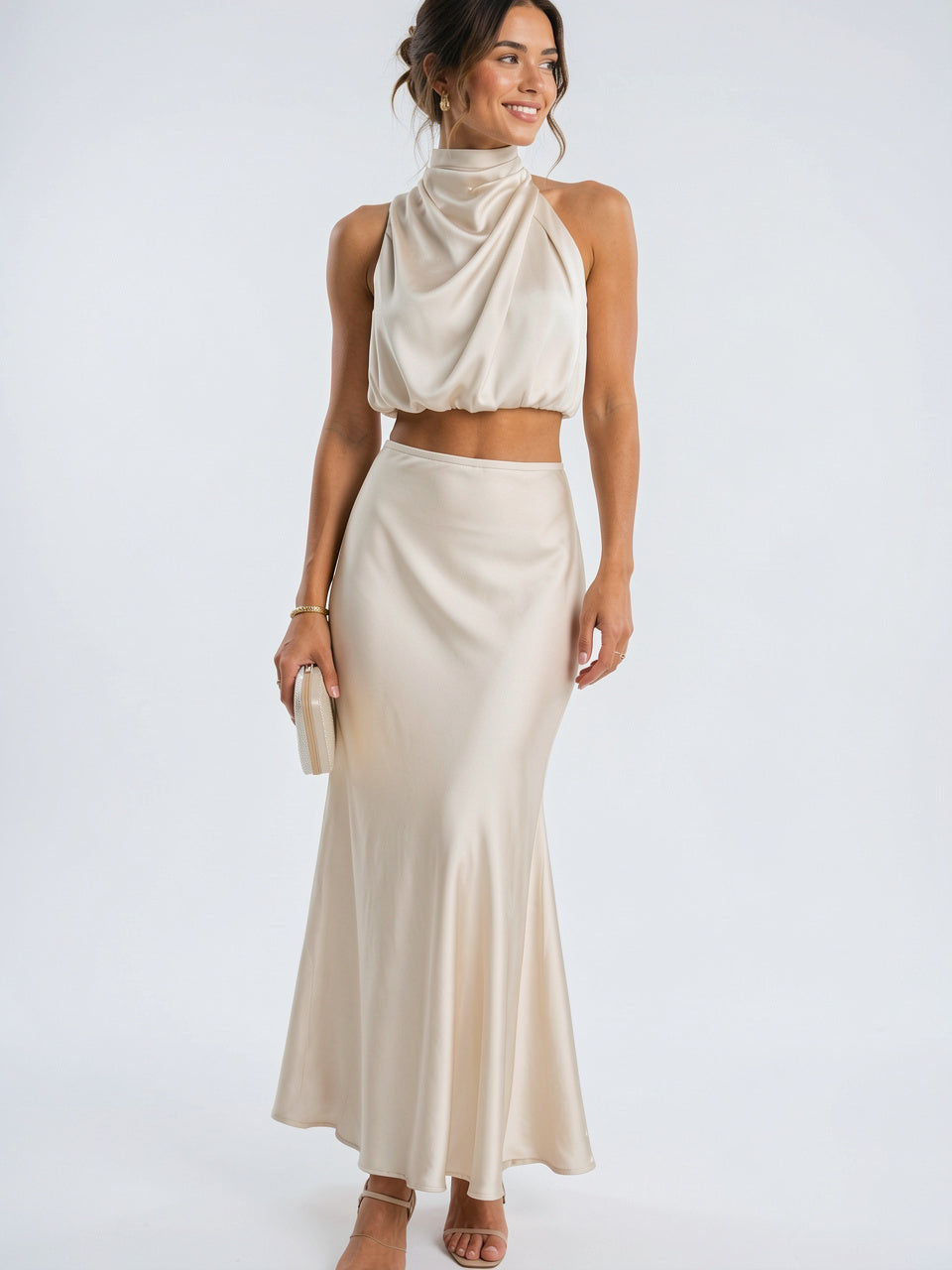 Ensemble Satin Jupe Longue Femme Halter 2 Pièces - Champagne XS