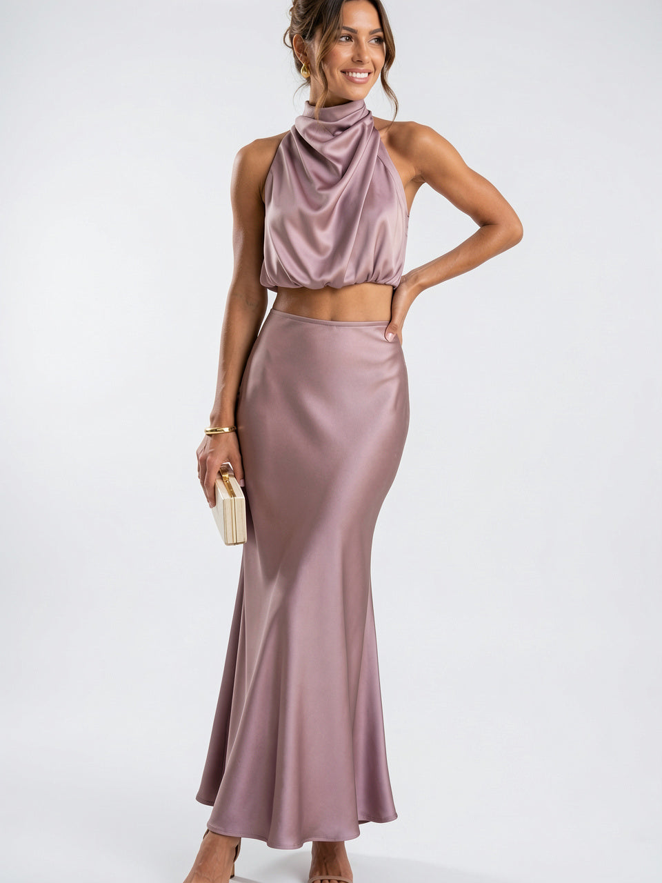 Ensemble Satin Jupe Longue Femme Halter 2 Pièces - Moka XS