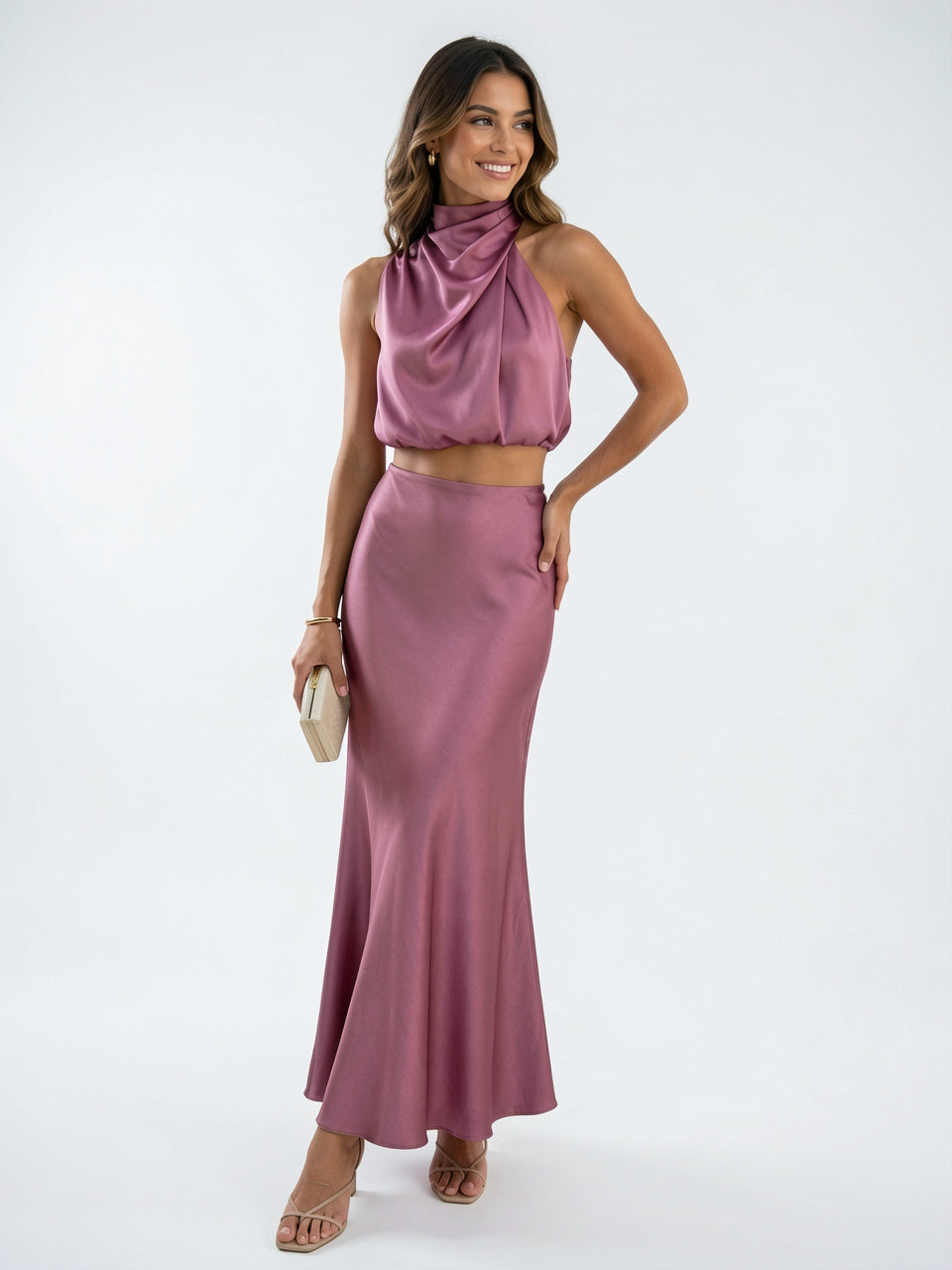 Ensemble Satin Jupe Longue Femme Halter 2 Pièces - Rose XS