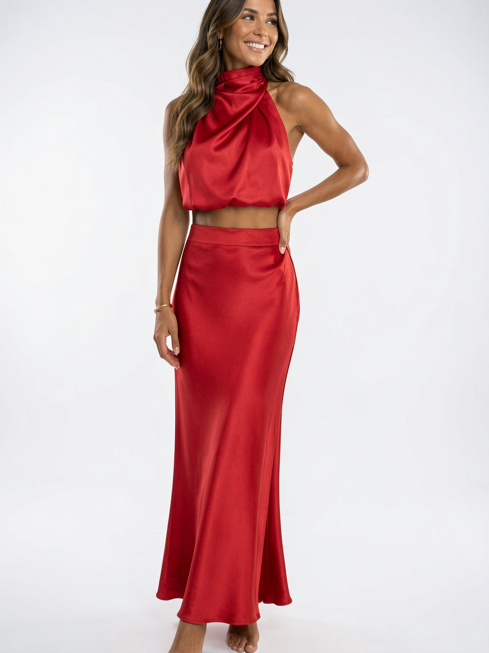 Ensemble Satin Jupe Longue Femme Halter 2 Pièces - Rouge XS