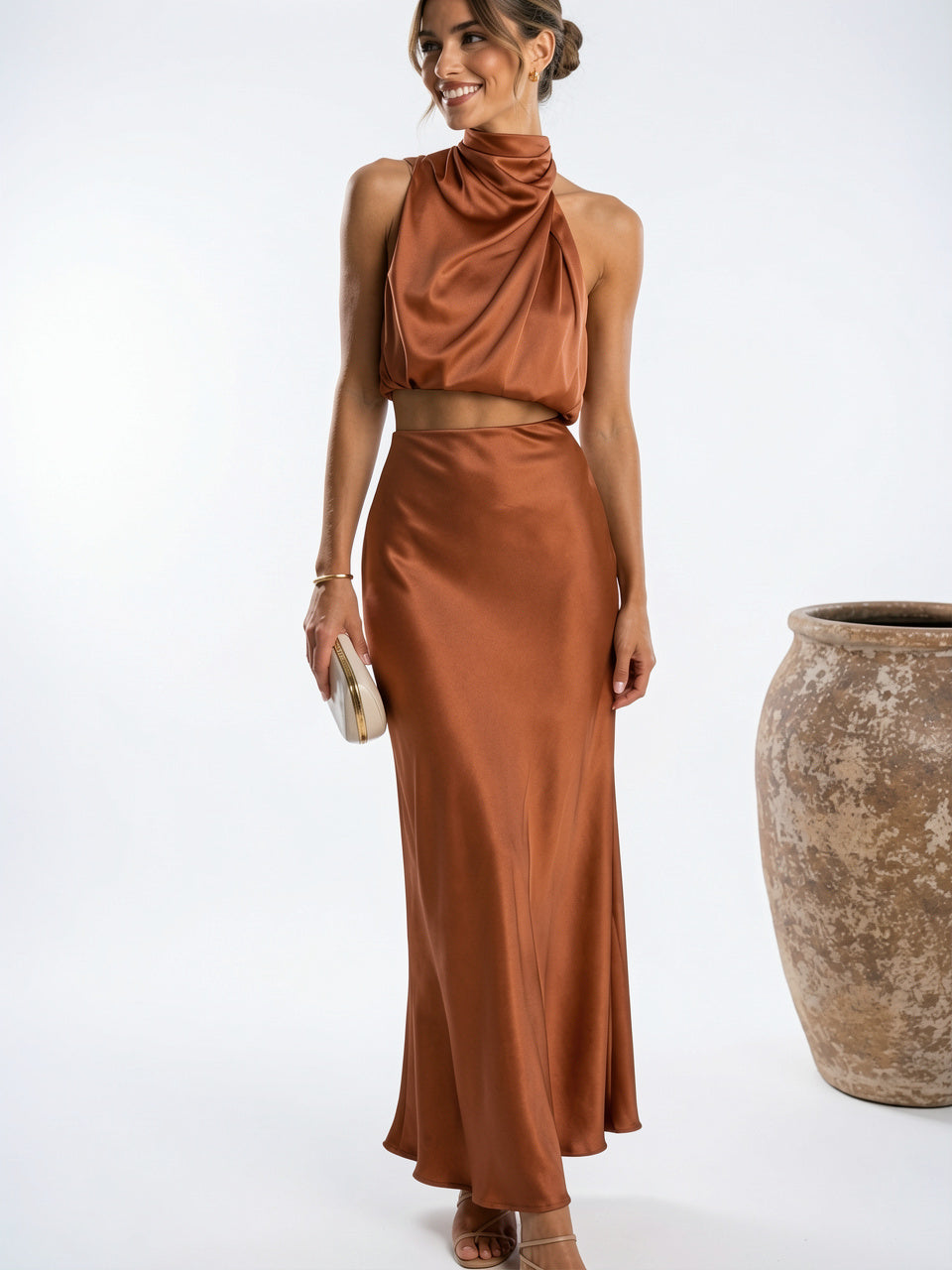 Ensemble Satin Jupe Longue Femme Halter 2 Pièces - Rouille XS