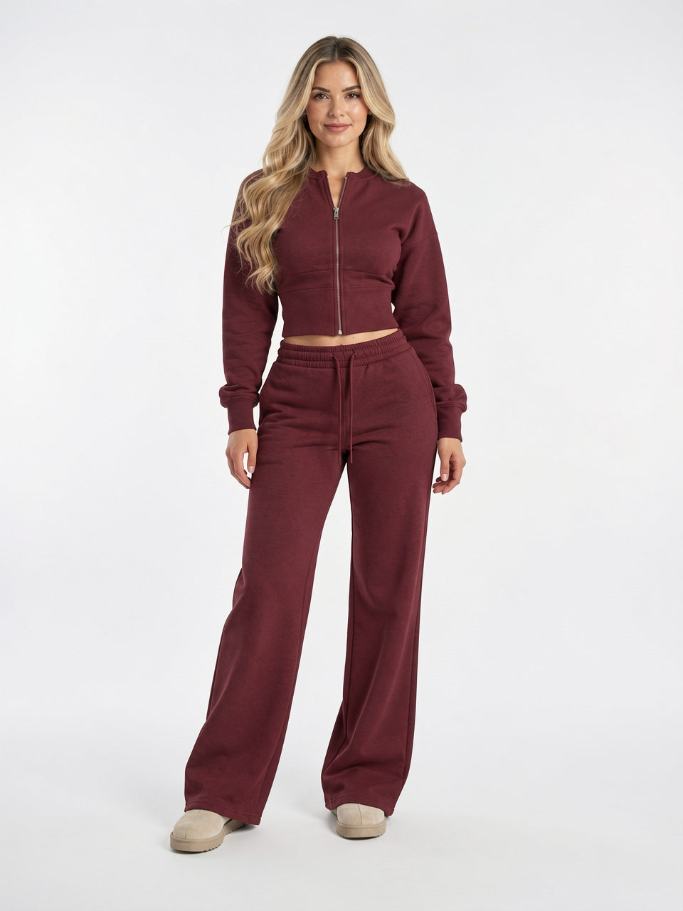 Ensemble Survêtement Molleton Zippée Courte Femme Pantalon Large - Bordeaux S