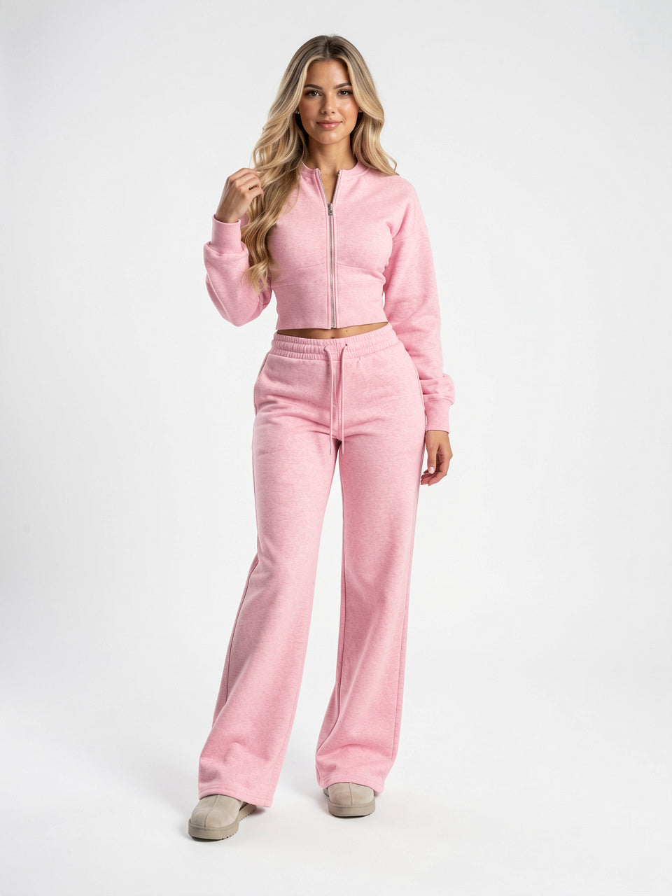 Ensemble Survêtement Molleton Zippée Courte Femme Pantalon Large - Rose S