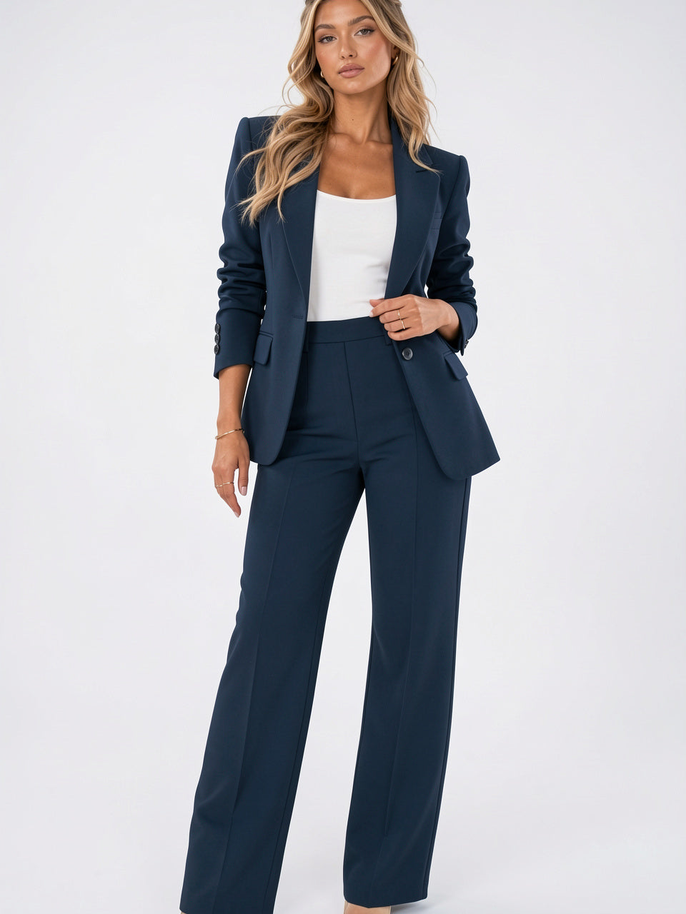 Femme 2 Pièces Blazer Pantalon Ensemble Costume Slim - Bleu Marine XS