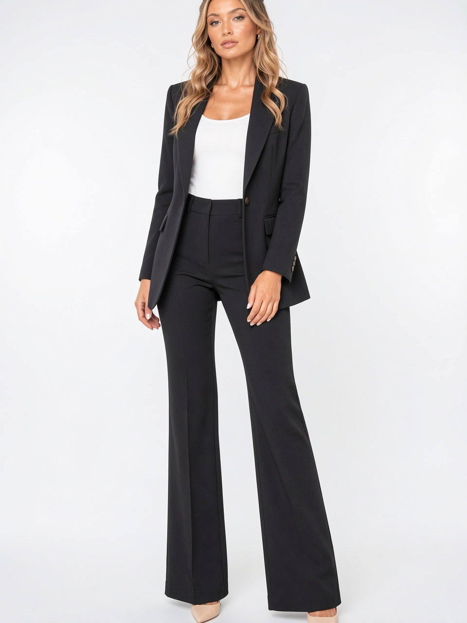 Femme 2 Pièces Blazer Pantalon Ensemble Costume Slim - Noir XS