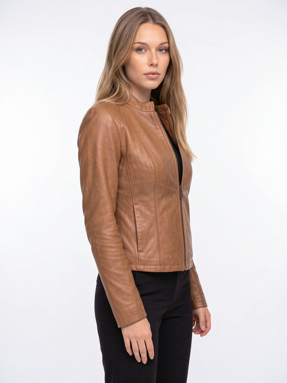 Femme Biker Courte Zippée Col Montant Veste Cuir - 2