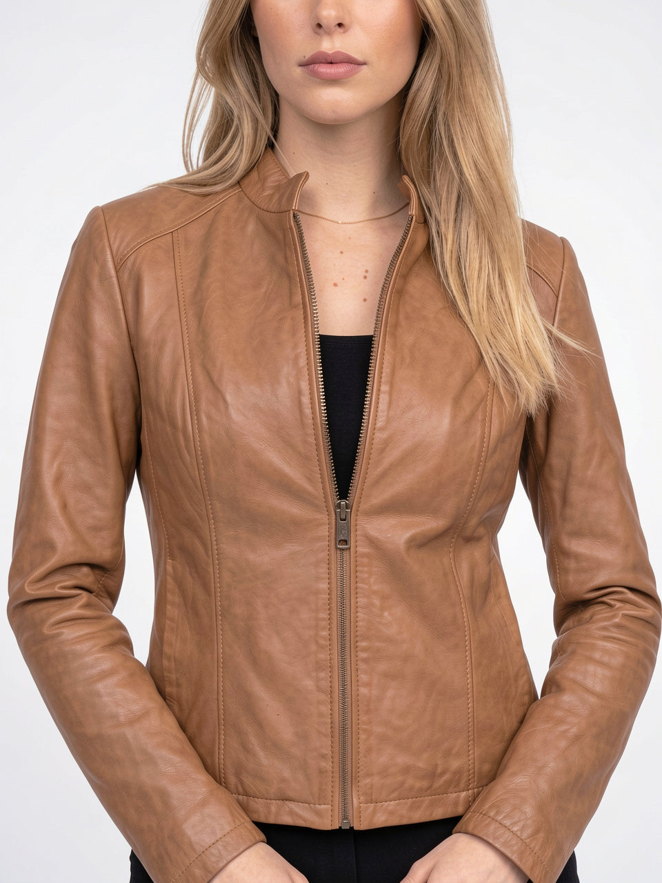 Femme Biker Courte Zippée Col Montant Veste Cuir - 3