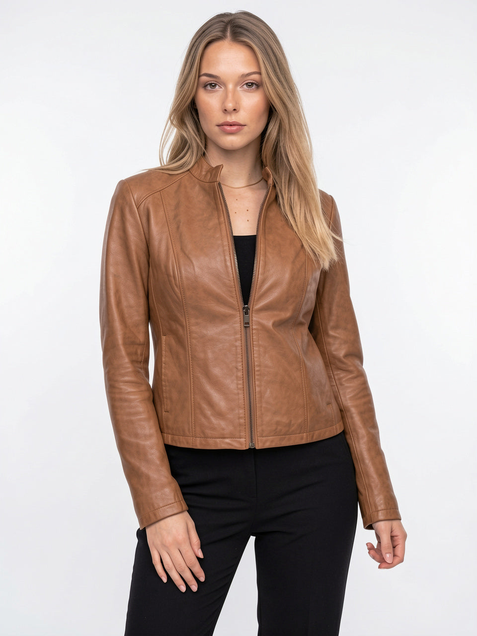 Femme Biker Courte Zippée Col Montant Veste Cuir - 5