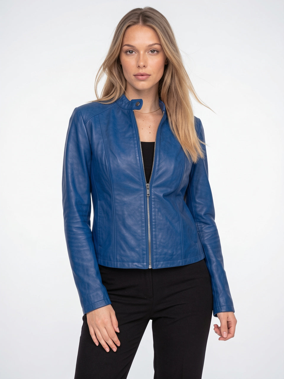 Femme Biker Courte Zippée Col Montant Veste Cuir - Bleu S
