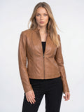 Femme Biker Courte Zippée Col Montant Veste Cuir - Kaki S