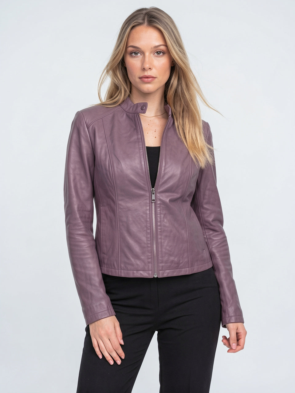Femme Biker Courte Zippée Col Montant Veste Cuir - Lavande S