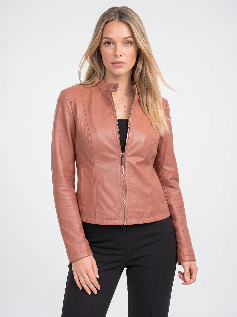 Femme Biker Courte Zippée Col Montant Veste Cuir - Rose S