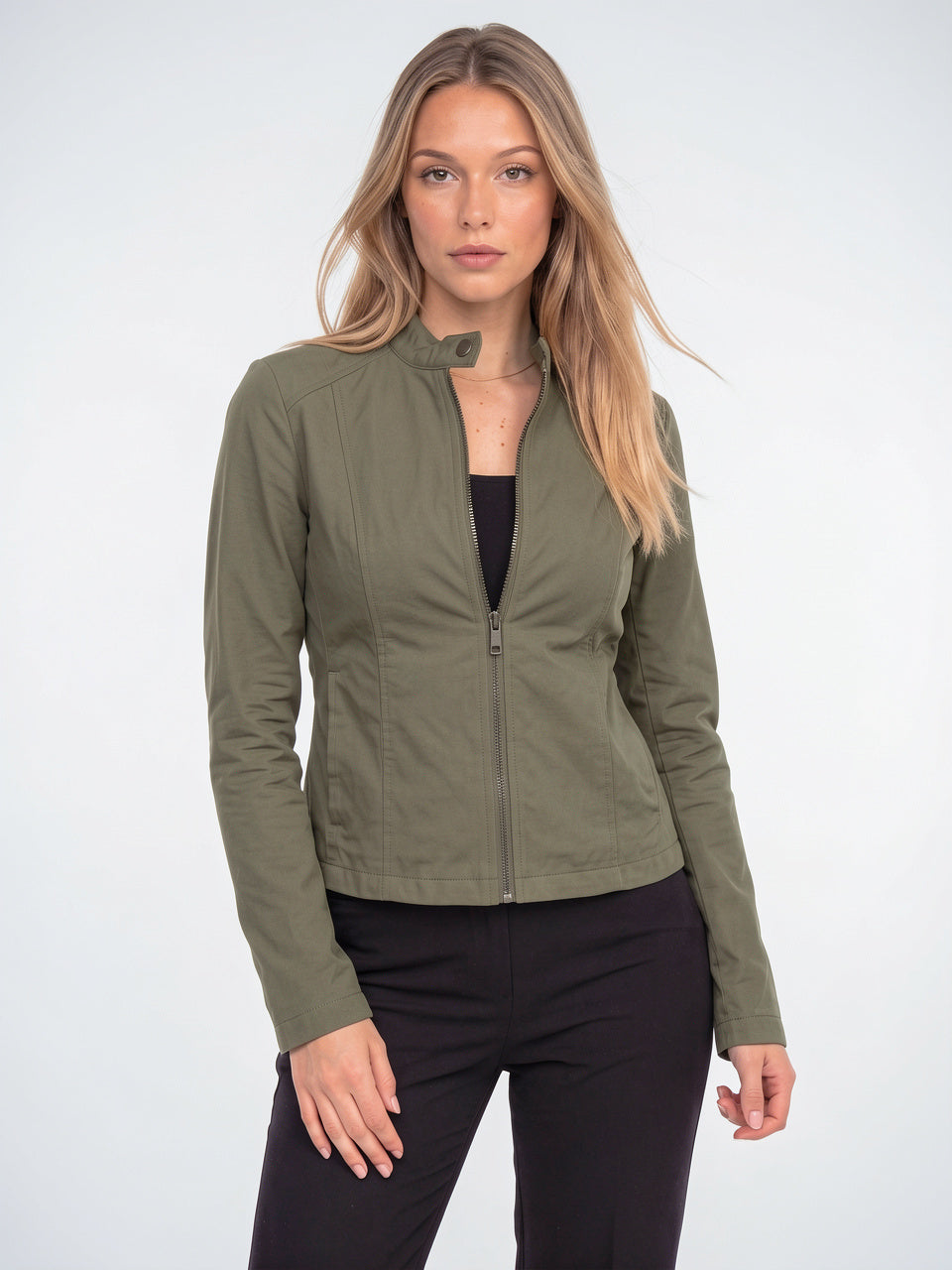 Femme Biker Courte Zippée Col Montant Veste Cuir - Vert Cuir S