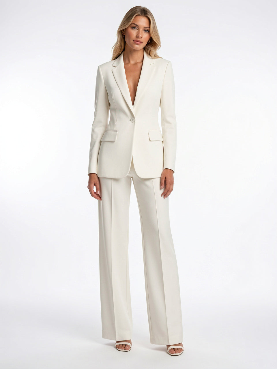 Femme Blazer Ajusté Bureau Pantalon Large Ensemble Tailleur - Blanc XS