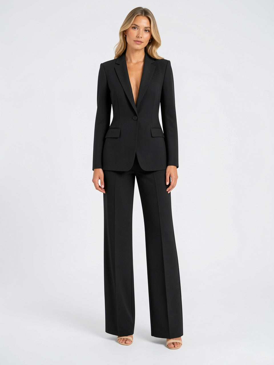 Femme Blazer Ajusté Bureau Pantalon Large Ensemble Tailleur - Noir XS