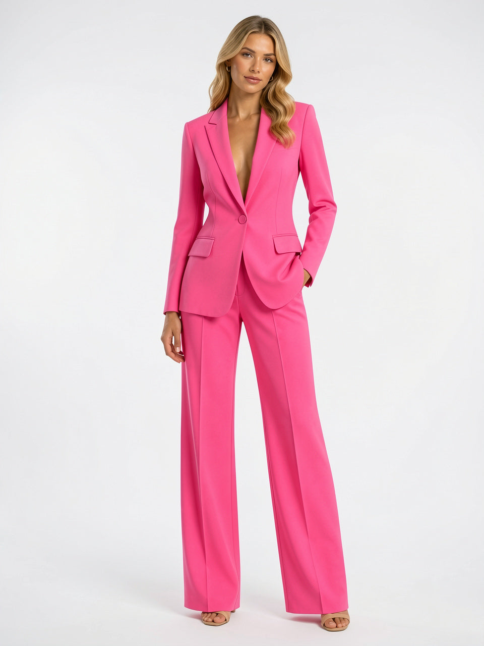 Femme Blazer Ajusté Bureau Pantalon Large Ensemble Tailleur - Rose XS