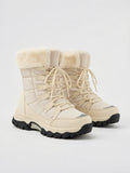 Femme Bottes Neige Lacées Fourrure Mi-Mollet Hiver - Beige EU 34 / US 3 / UK 1.5