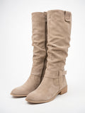 Femme Daim Bottes Genou Talon Épaisse - Beige EU 34 / US 3 / UK 2