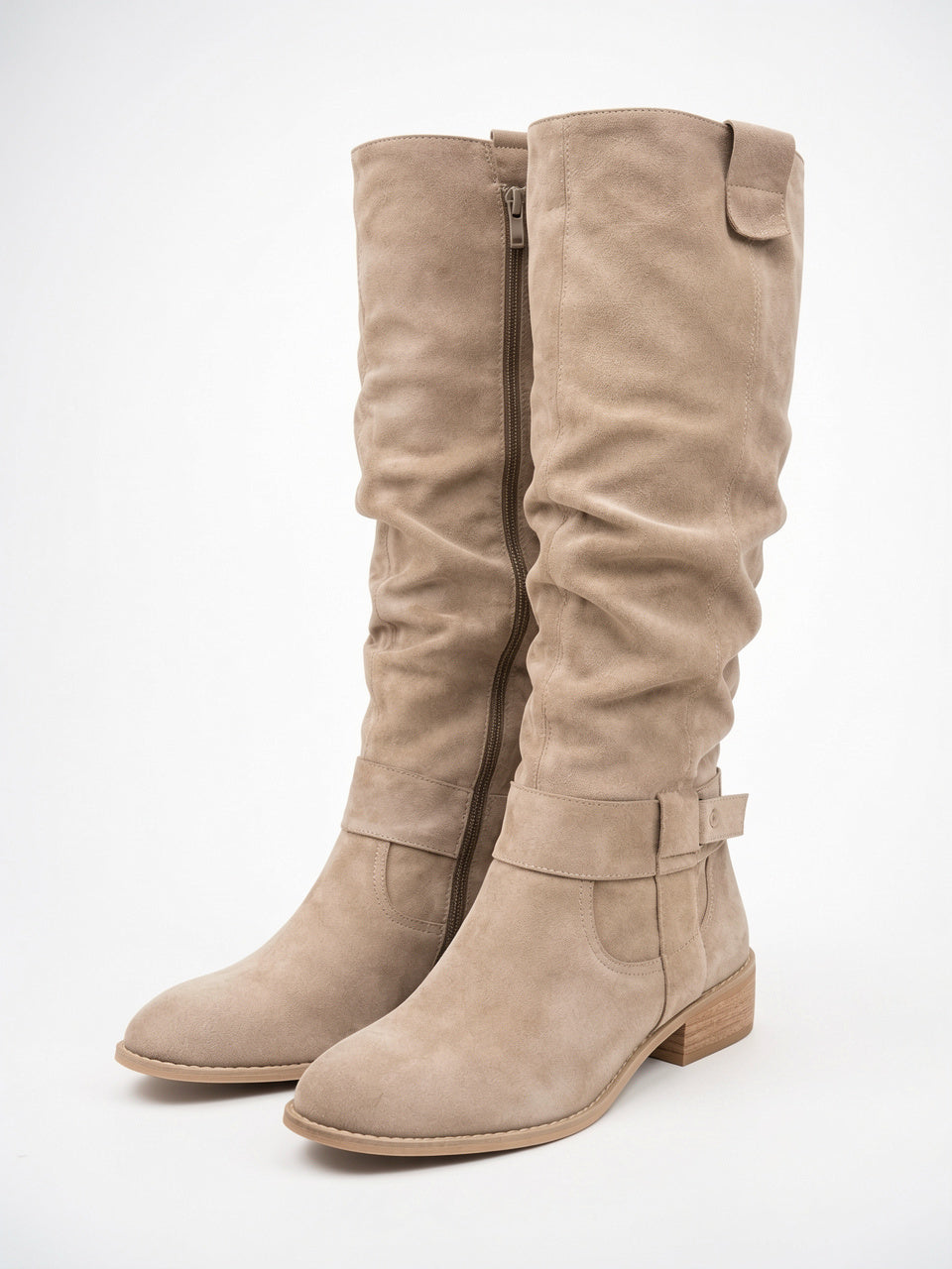 Femme Daim Bottes Genou Talon Épaisse - Beige EU 34 / US 3 / UK 2