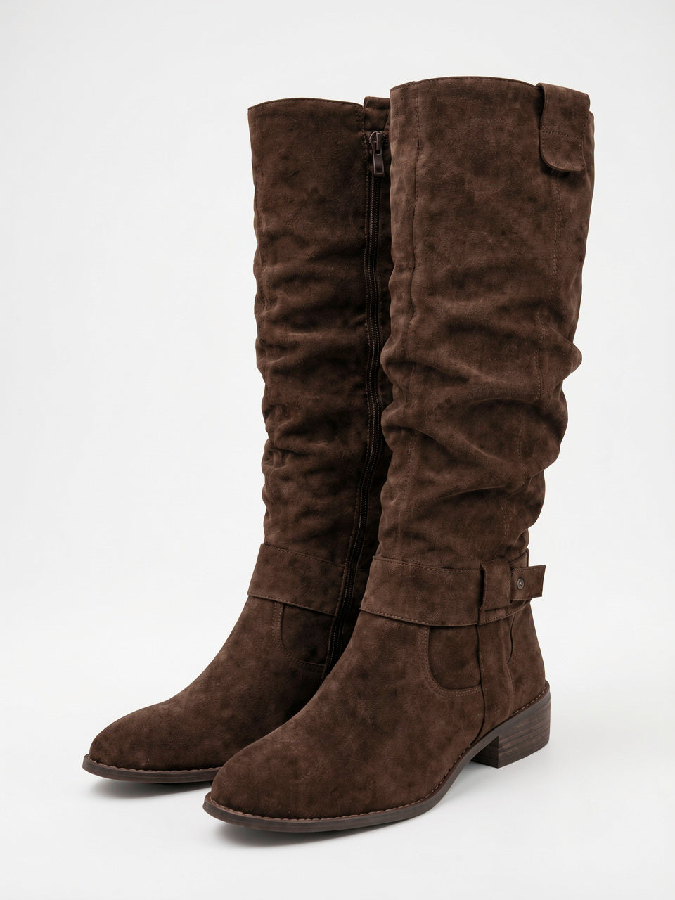 Femme Daim Bottes Genou Talon Épaisse - Marron EU 34 / US 3 / UK 2