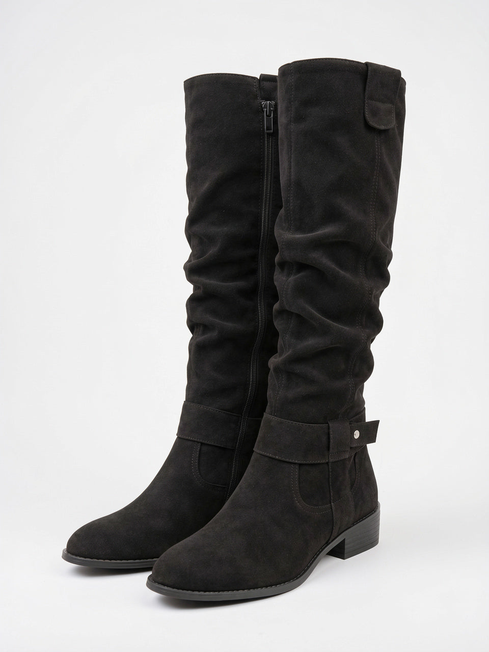 Femme Daim Bottes Genou Talon Épaisse - Noir EU 34 / US 3 / UK 2