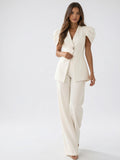 Femme Deux Pièces Ensemble Blazer Manches Ballons Palazzo - Blanc S