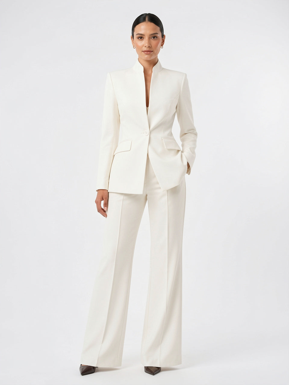 Femme Ensemble Blazer 2 Pièces Pantalon Large Tailleur - Blanc S
