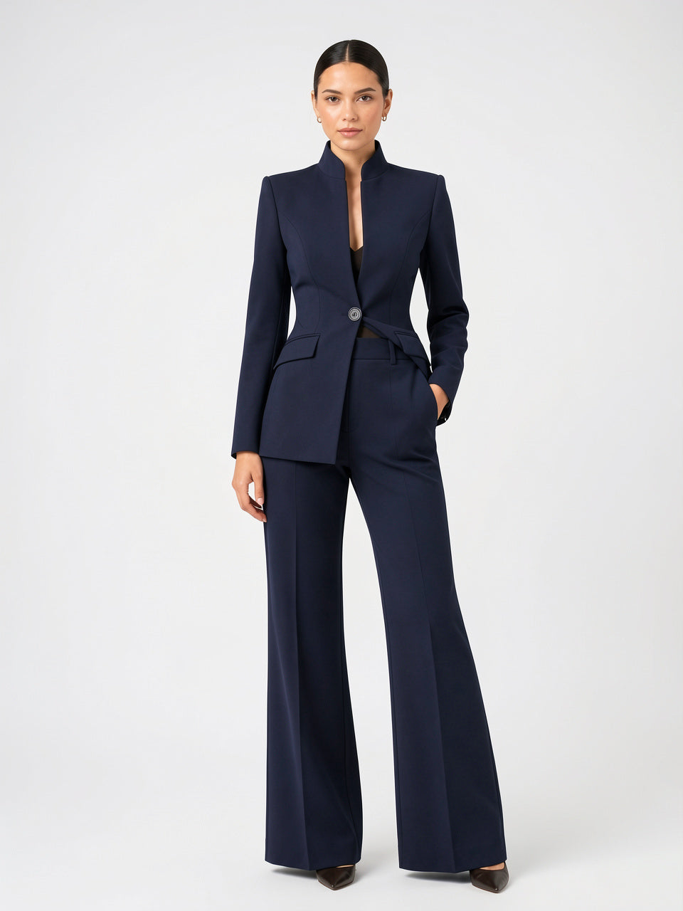 Femme Ensemble Blazer 2 Pièces Pantalon Large Tailleur - Bleu Marine S