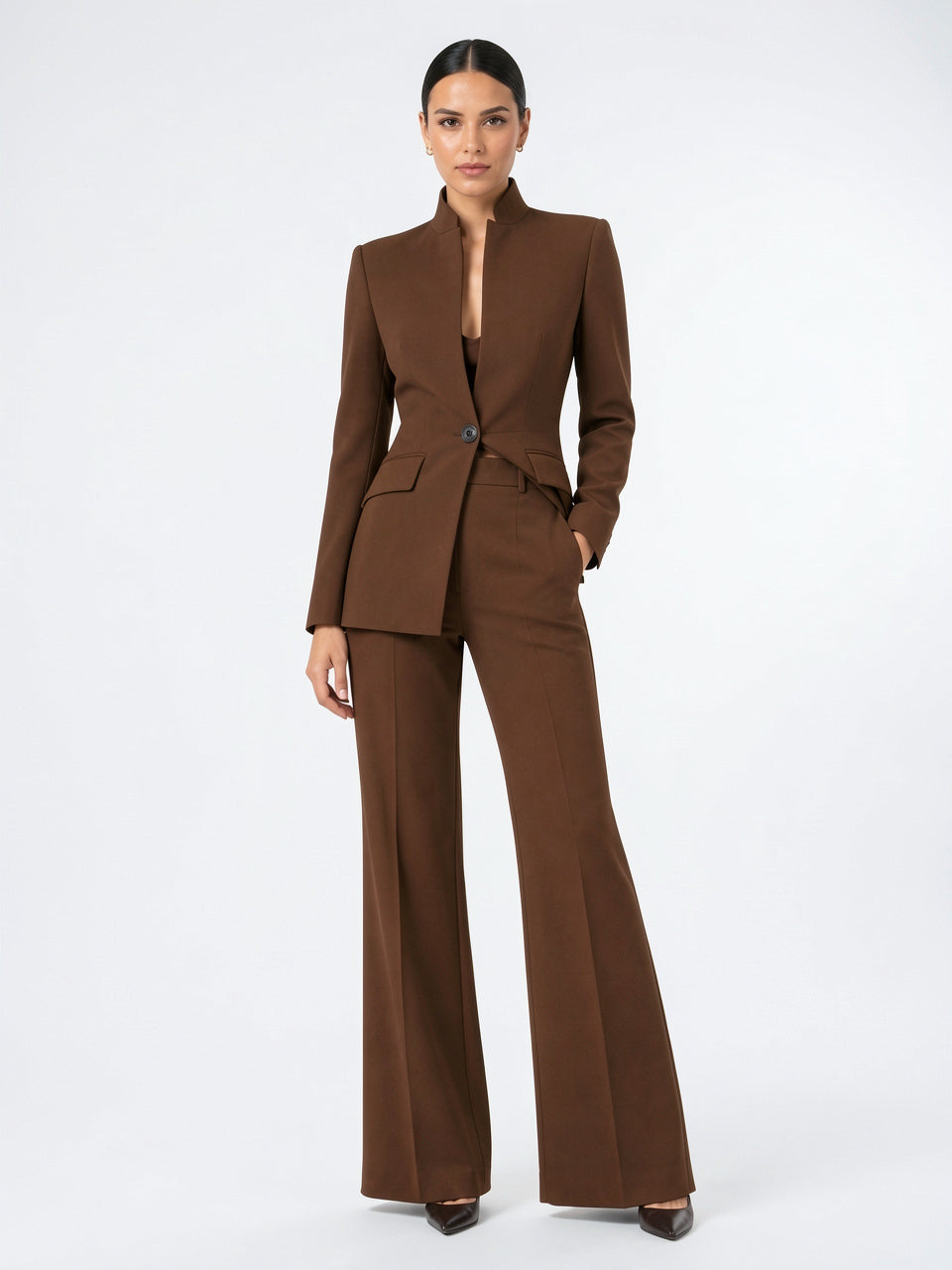 Femme Ensemble Blazer 2 Pièces Pantalon Large Tailleur - Marron S
