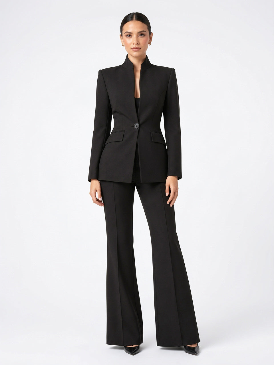 Femme Ensemble Blazer 2 Pièces Pantalon Large Tailleur - Noir S