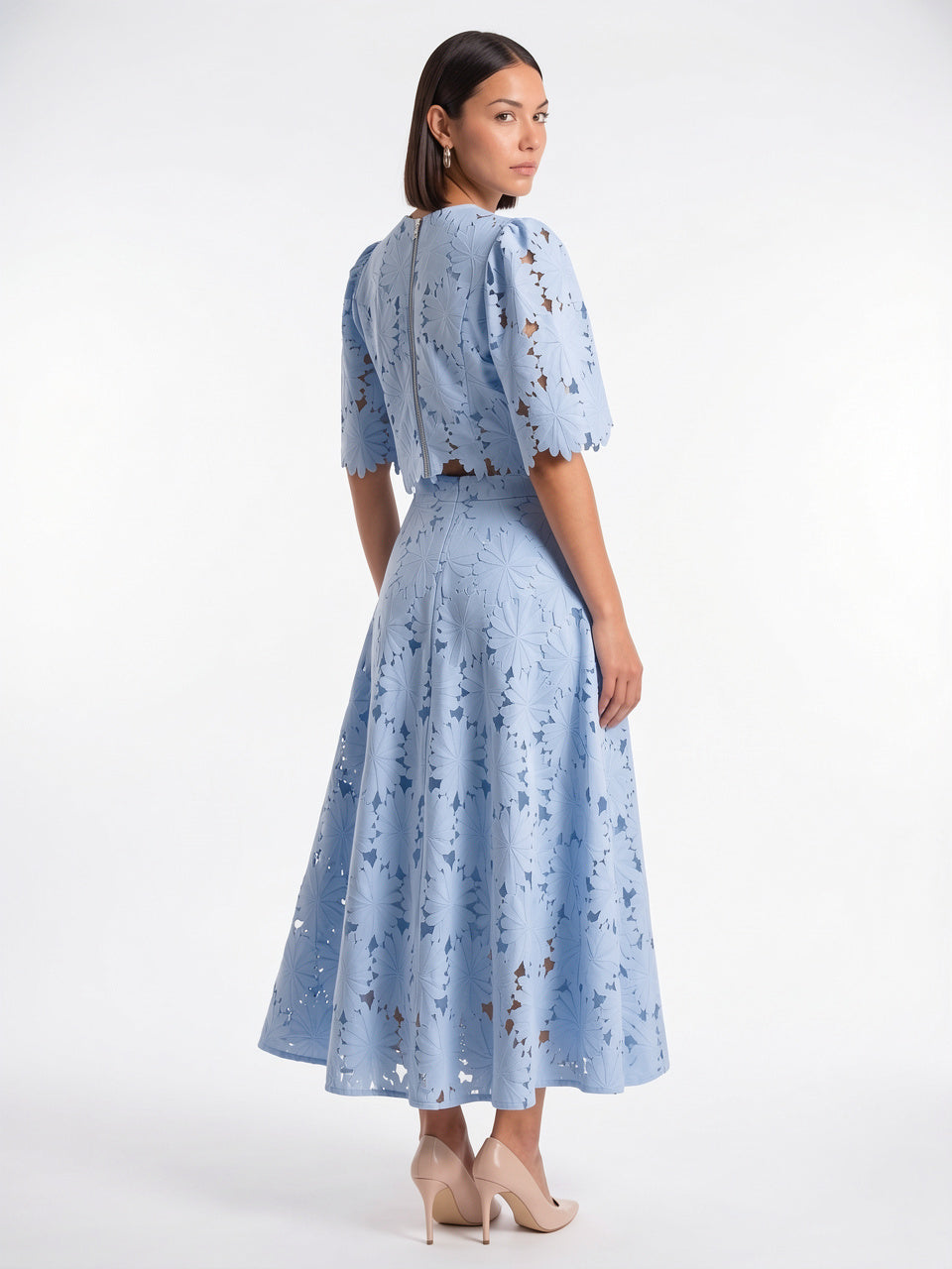 Femme Ensemble Dentelle Fleurale Jupe Robe Mi-Longue - 3