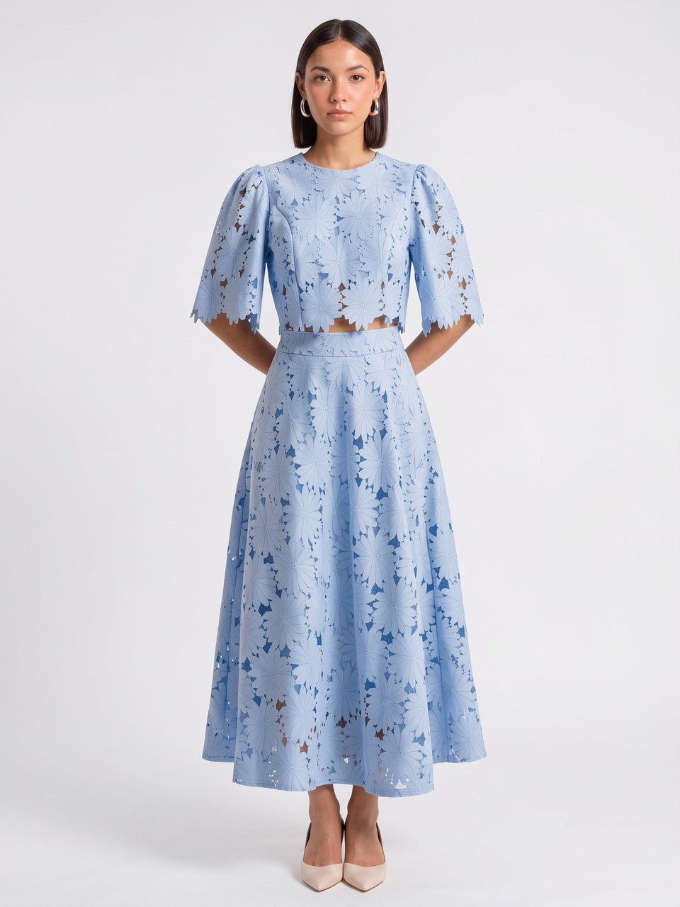 Femme Ensemble Dentelle Fleurale Jupe Robe Mi-Longue - 5