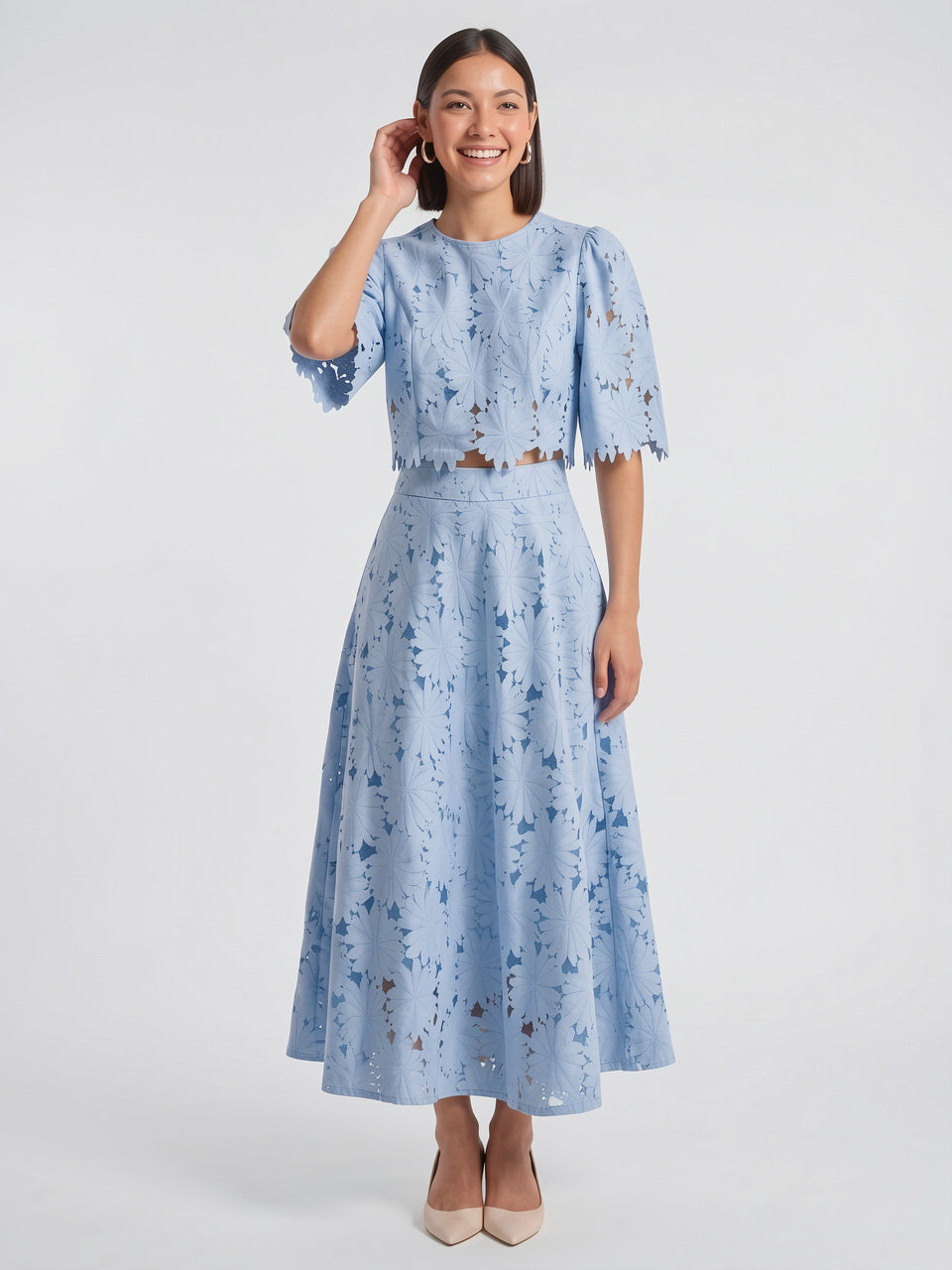 Femme Ensemble Dentelle Fleurale Jupe Robe Mi-Longue - Bleu S