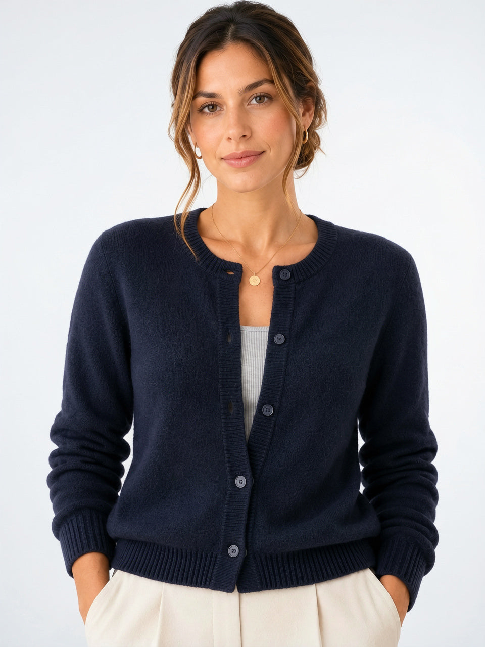 Femme Gilet Cardigan Manches Longues Boutons Maille - Bleu Marine Taille Unique
