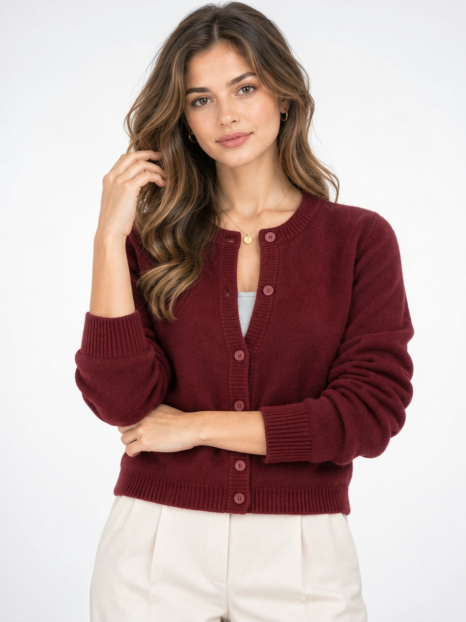 Femme Gilet Cardigan Manches Longues Boutons Maille - Bordeaux Taille Unique