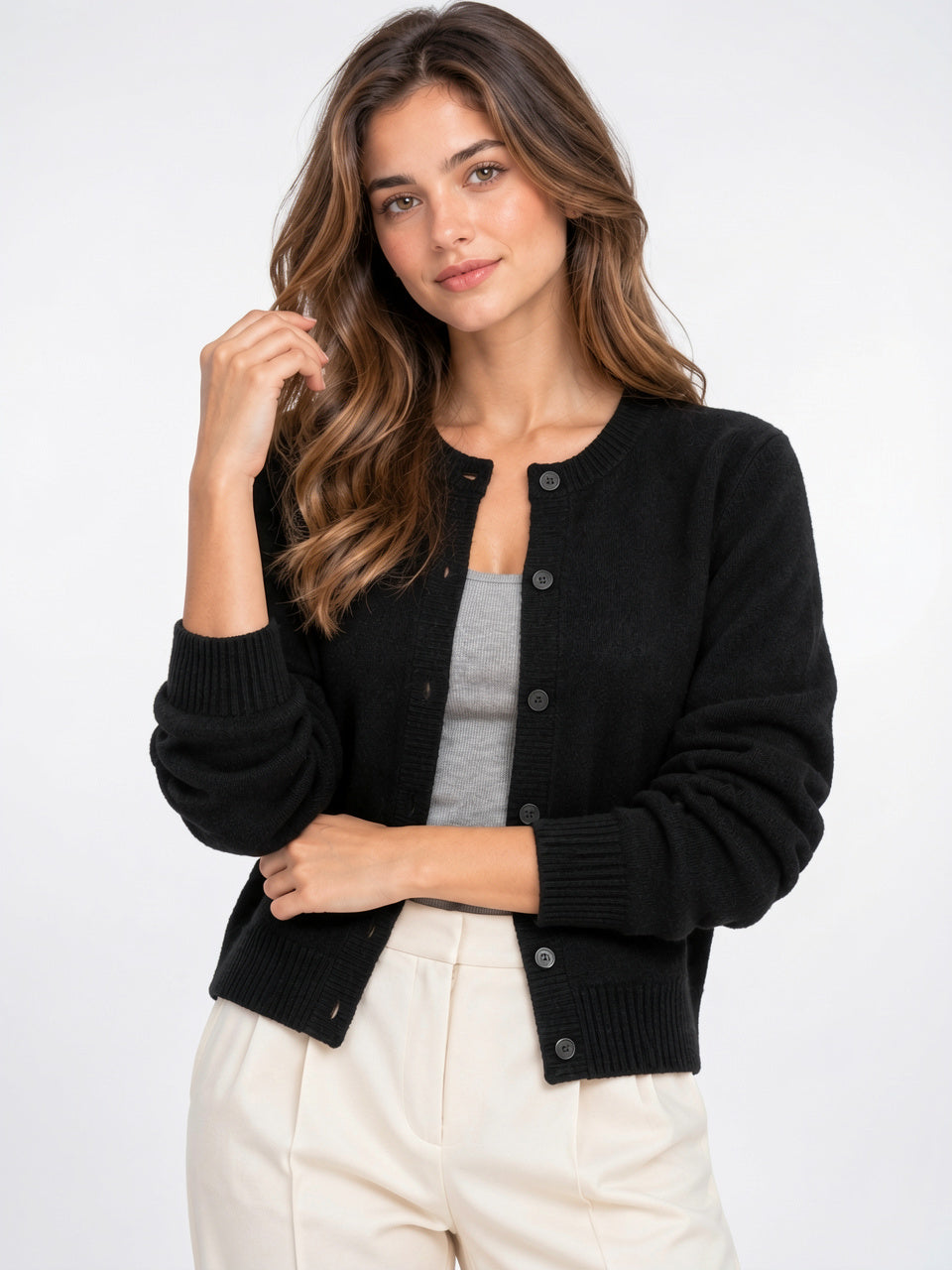 Femme Gilet Cardigan Manches Longues Boutons Maille - Noir Taille Unique