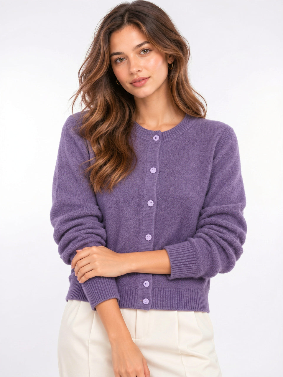 Femme Gilet Cardigan Manches Longues Boutons Maille - Violet Taille Unique