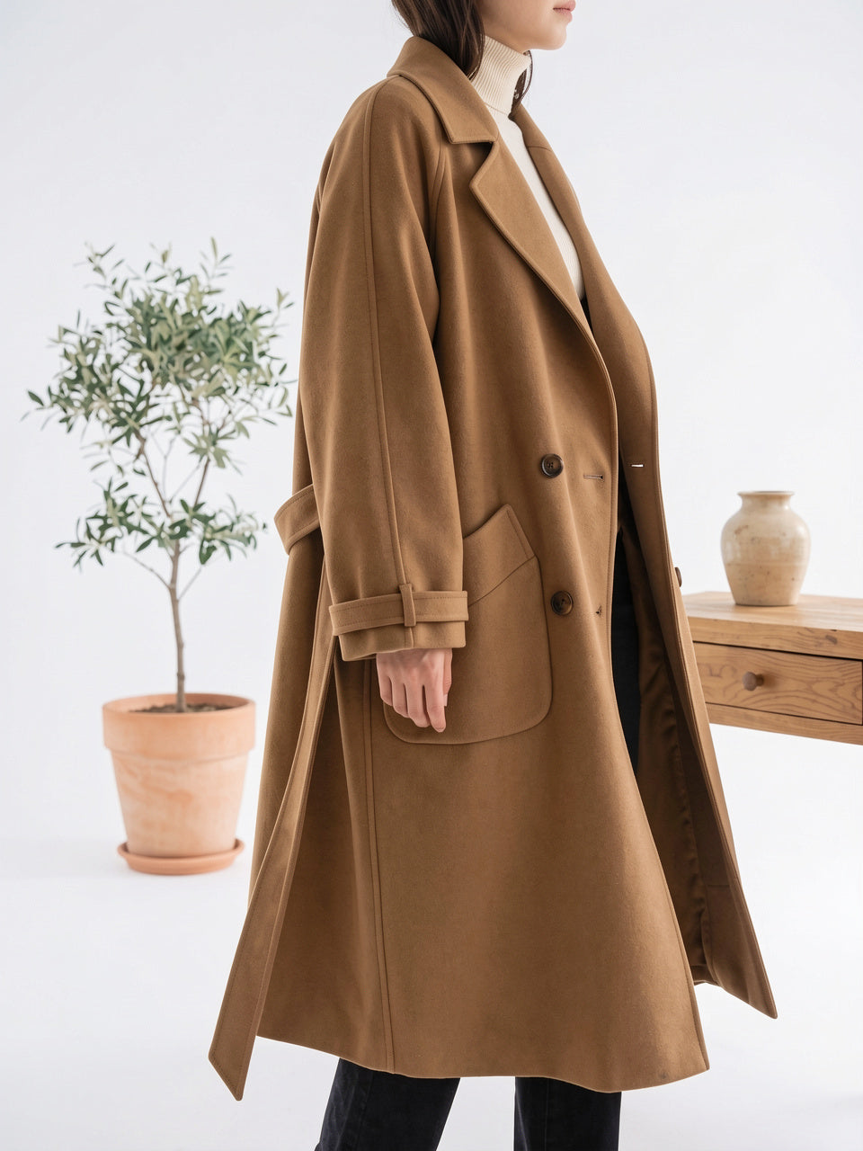 Femme Manteau Long Laine Ceinture Double Boutonnage - 2