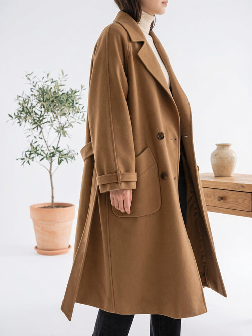 Femme Manteau Long Laine Ceinture Double Boutonnage - 2