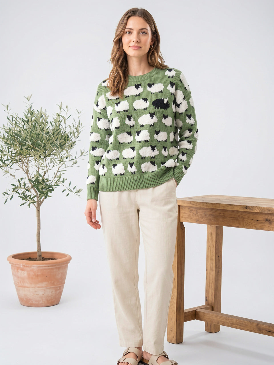 Femme Pull Col Rond Imprimé Moutons Bouclés Tricot - 1