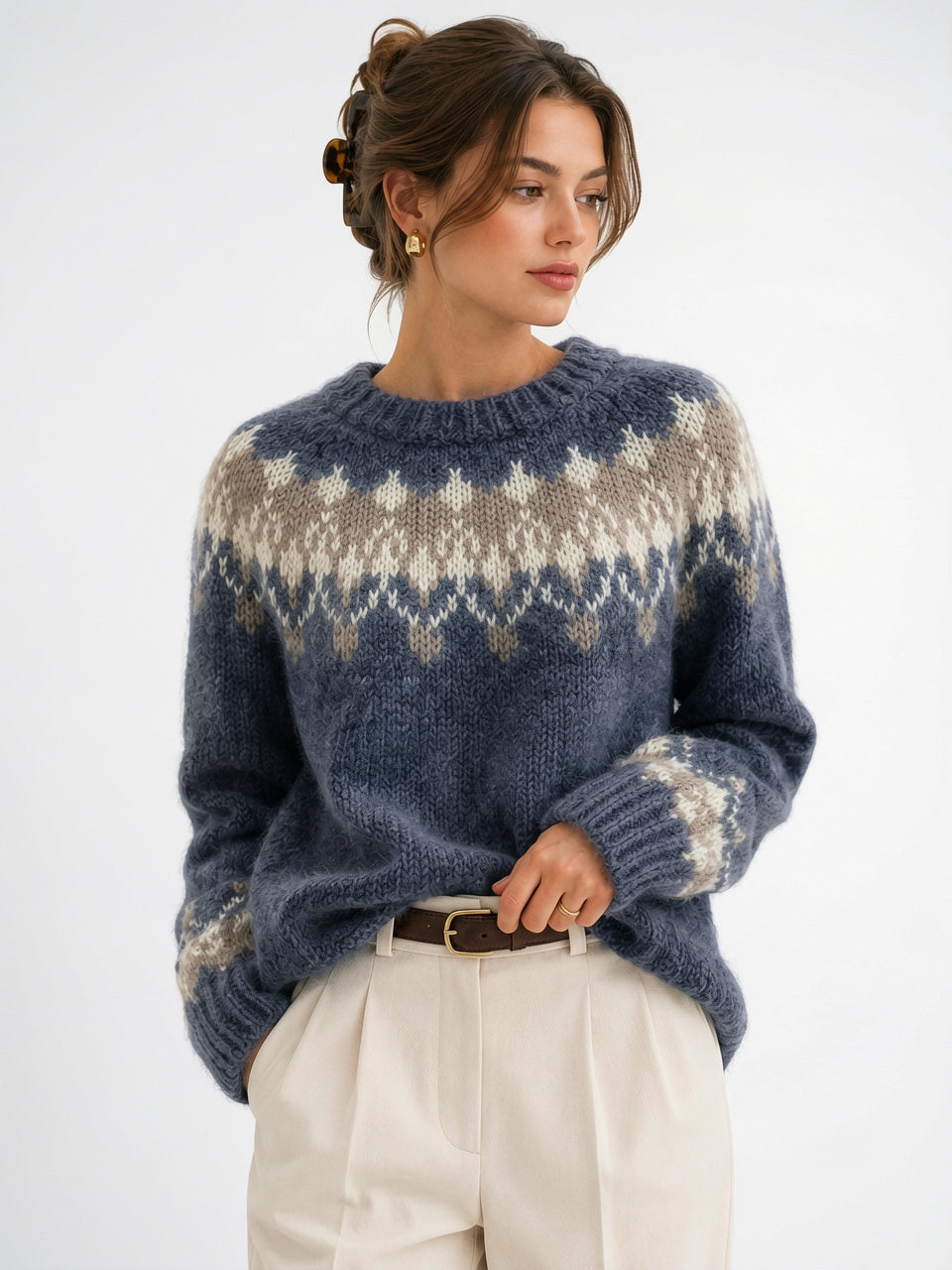Femme Pull Effet Cachemire Col Rond Léger Chaud - Bleu S