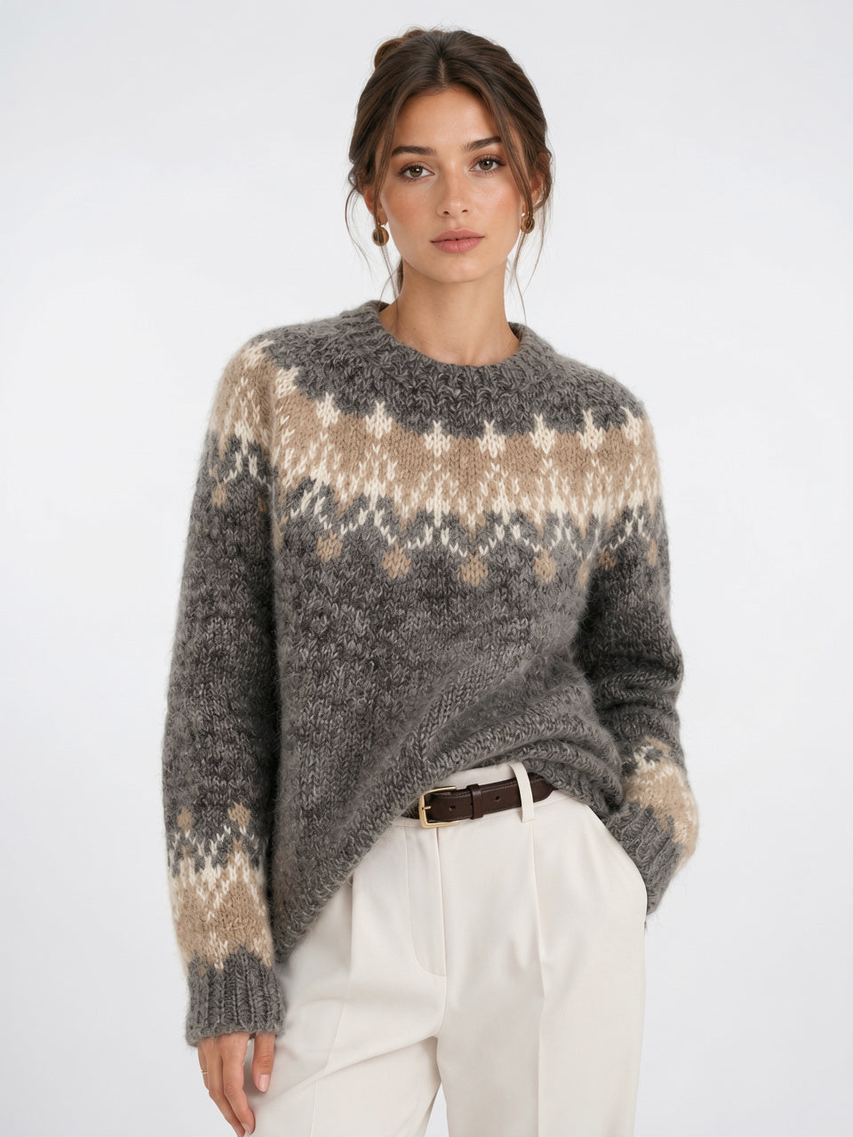 Femme Pull Effet Cachemire Col Rond Léger Chaud - Gris S