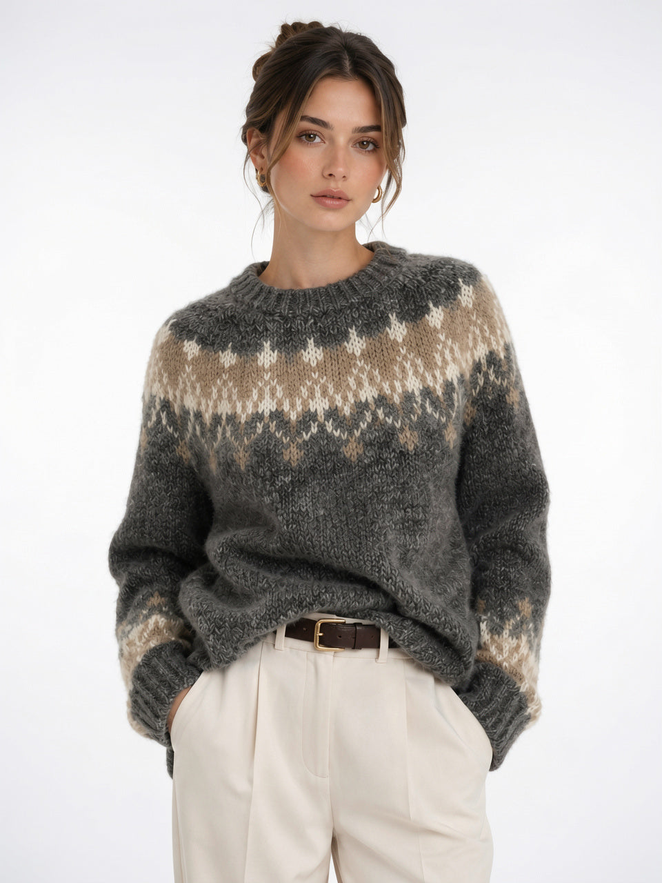 Femme Pull Effet Cachemire Col Rond Léger Chaud - Noir S